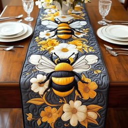 Bee with White Blossoms on Grey Table Runner - Made to Order TABLE928