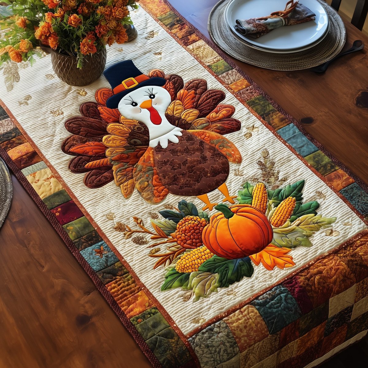 Autumn Turkey Turkey in a Pilgrim Hat Table Runner - Made to Order TABLE928