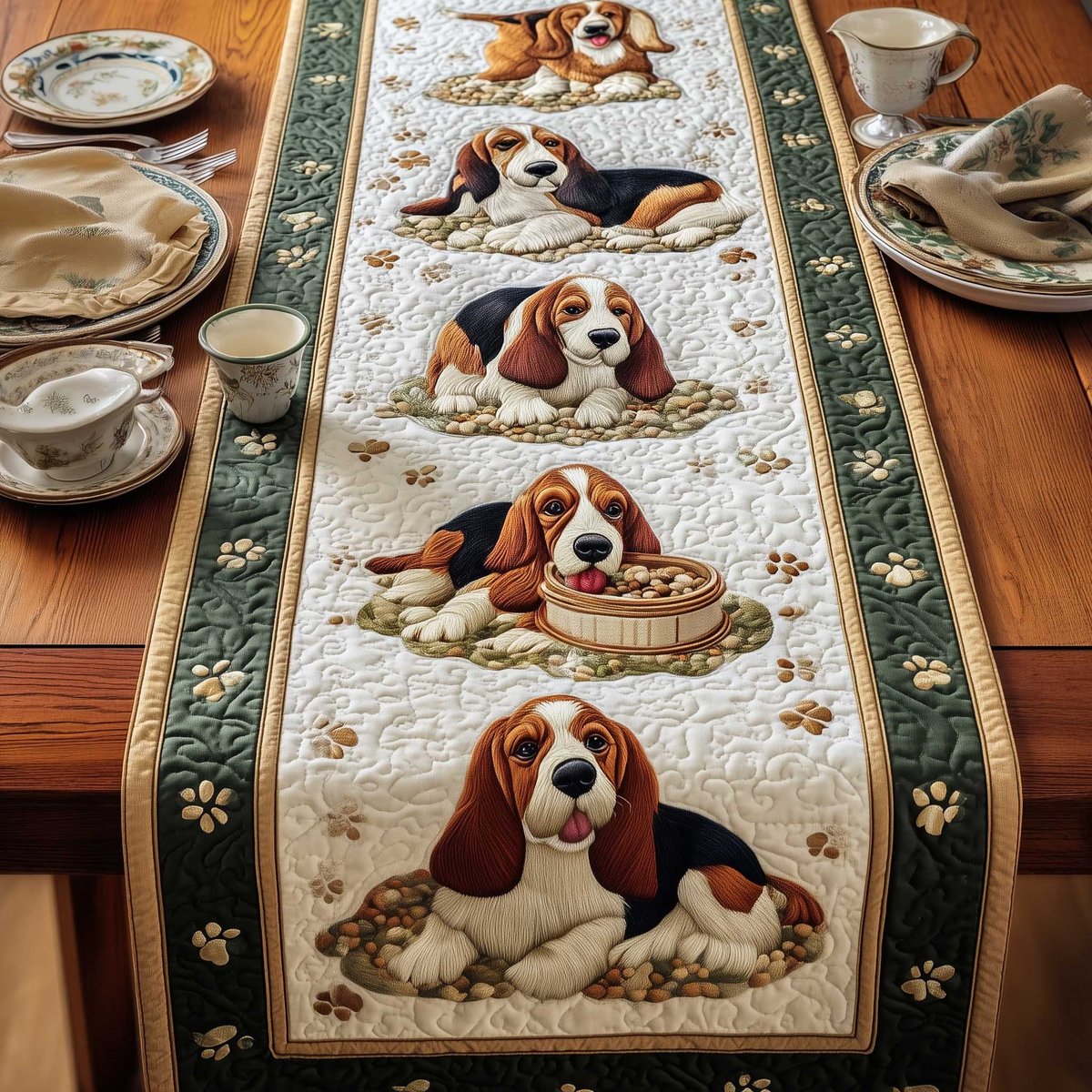 Basset Hounds with Food Bowls Table Runner - Made to Order TABLE928