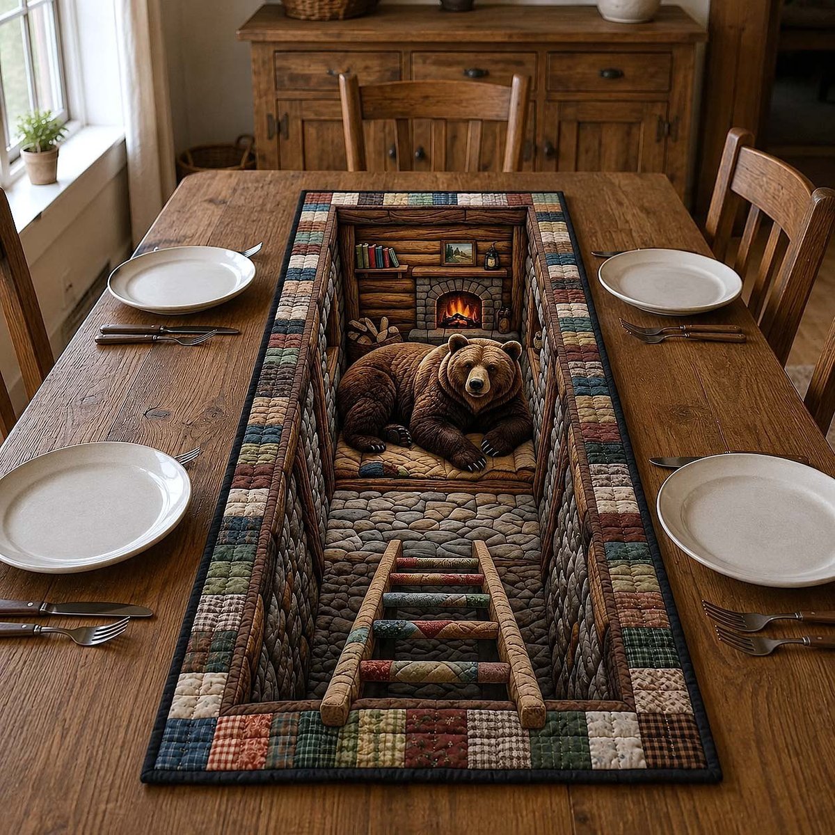 Bear Asleep by the Fireplace Table Runner - Made to Order TABLE928