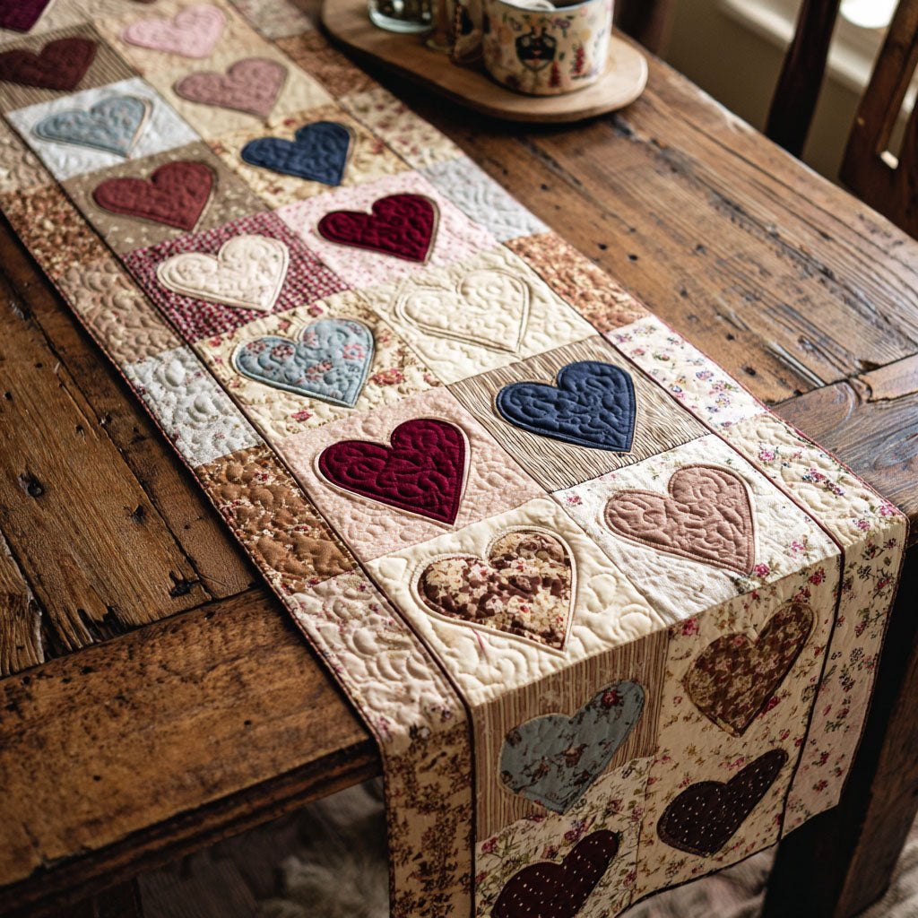 Beige Hearts on Ivory Blocks Table Runner - Made to Order TABLE928