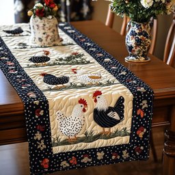 Black and White Hens on Cream Table Runner - Made to Order TABLE928