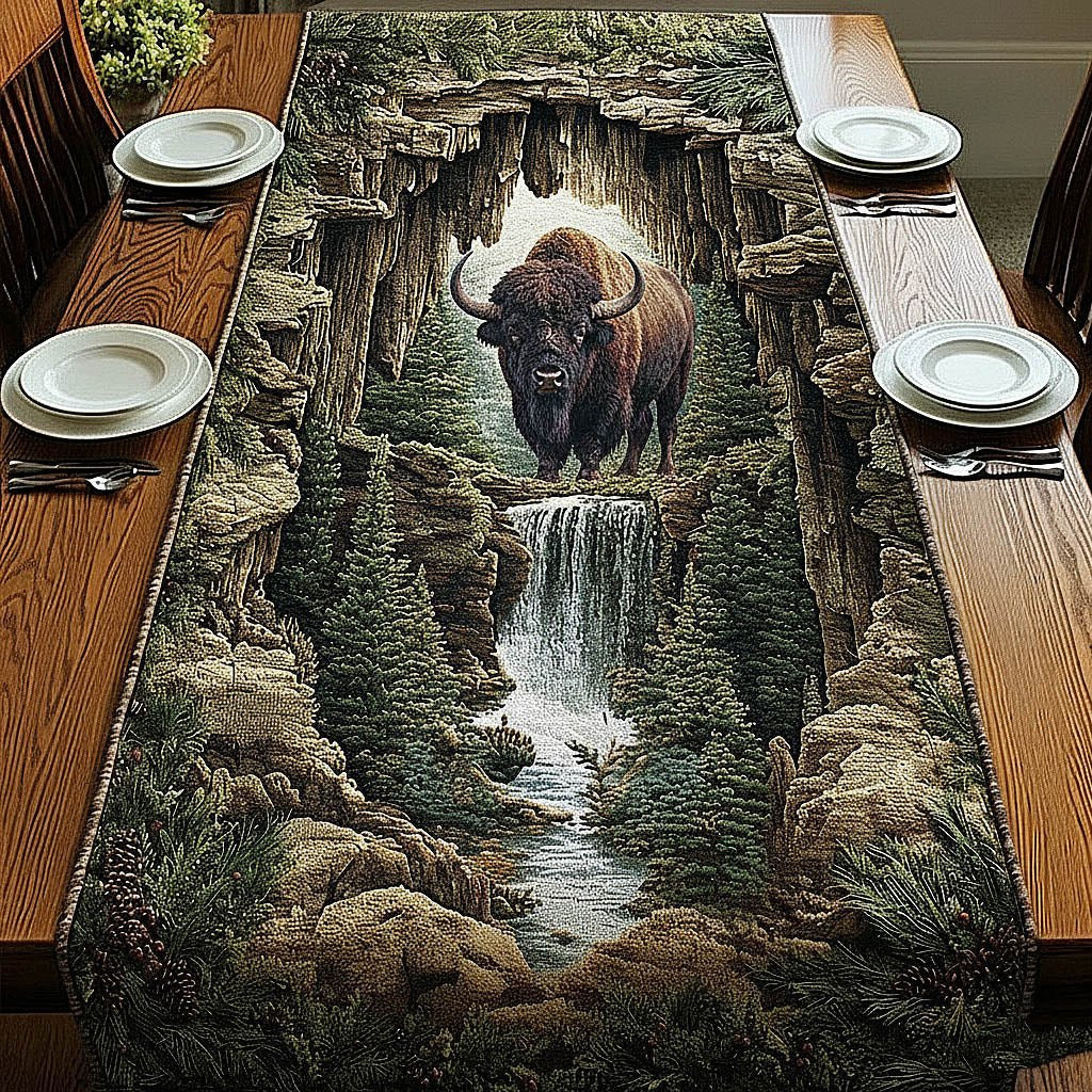 Bison Above a Waterfall Gorge Table Runner - Made to Order TABLE928