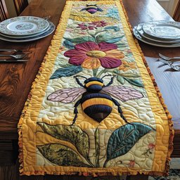 Bee with Pink Flower and Leaves Table Runner - Made to Order TABLE928