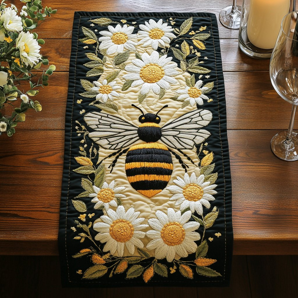 Bee with White Daisies on Black Table Runner - Made to Order TABLE928