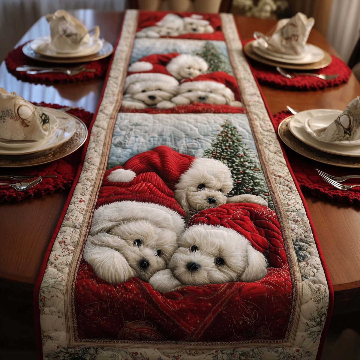 Bichons Wrapped in a Red Blanket Table Runner - Made to Order TABLE928