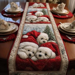 Bichons Wrapped in a Red Blanket Table Runner - Made to Order TABLE928