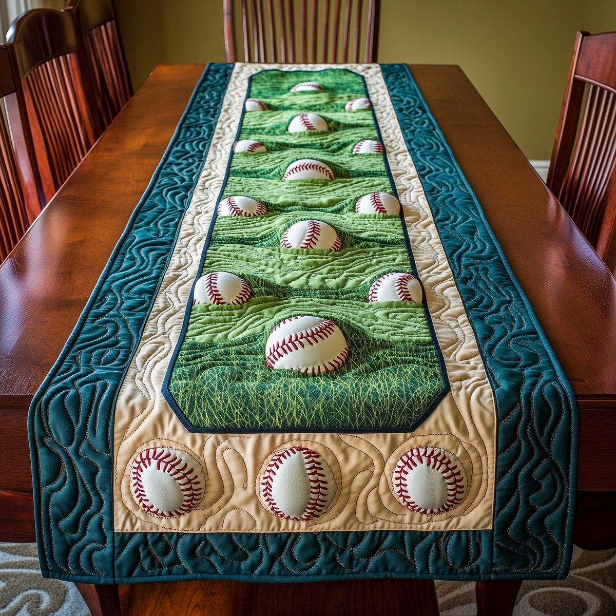 Baseballs on Green and Teal Panel Table Runner - Made to Order TABLE928