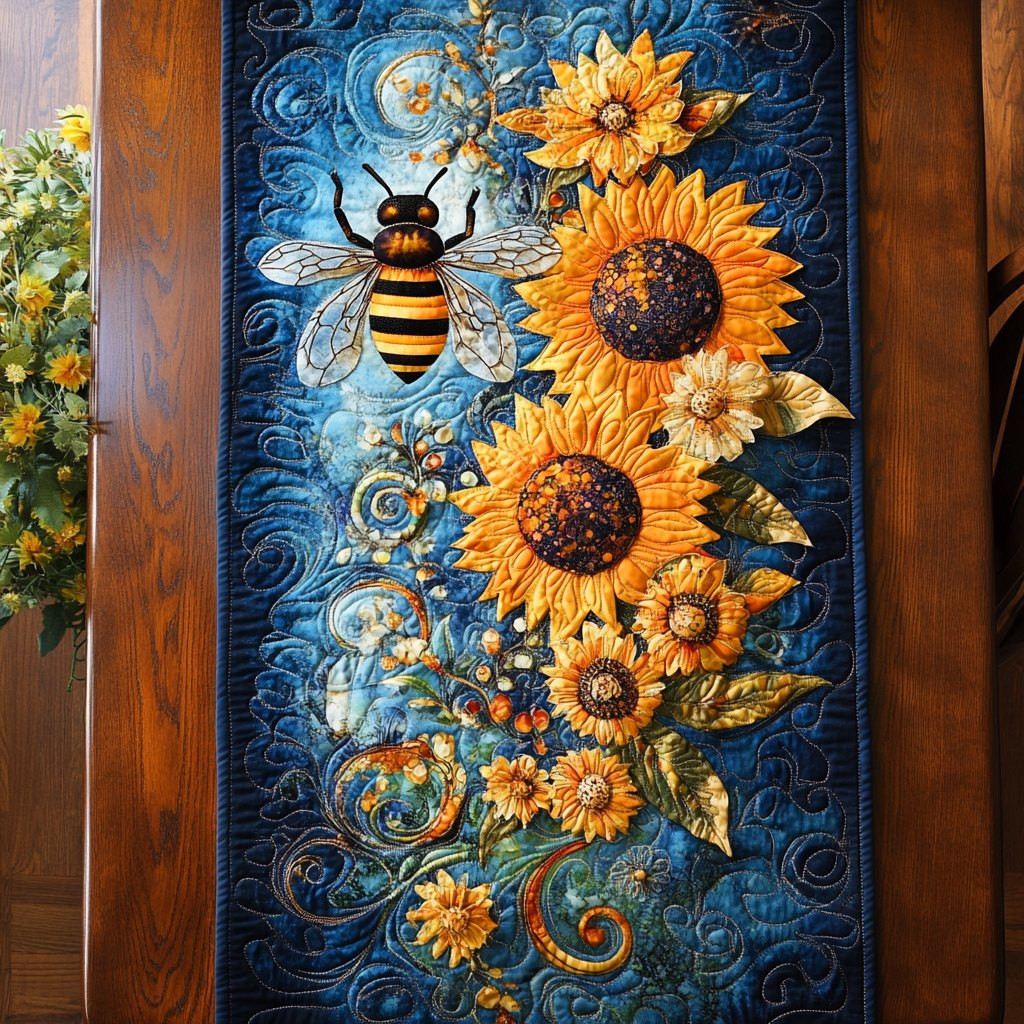 Bee and Sunflowers on Blue Swirls Table Runner - Made to Order TABLE928