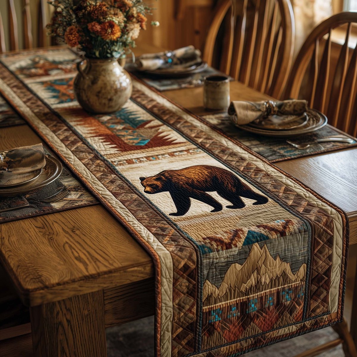 Bear on Rustic Mountain Panel Table Runner - Made to Order TABLE928