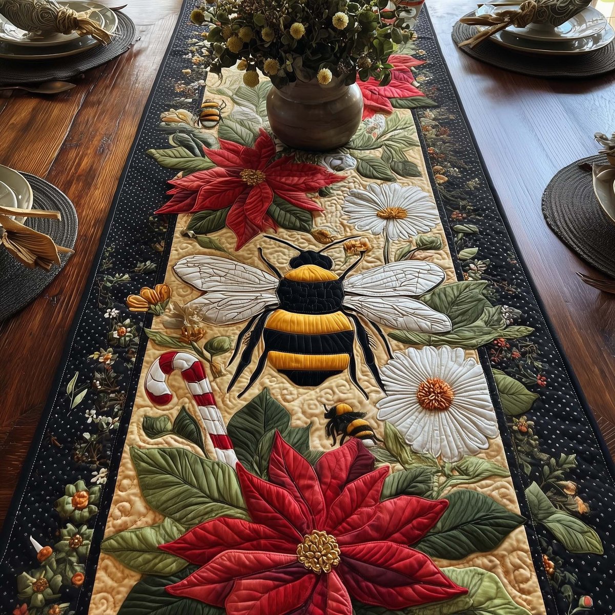 Bee with Poinsettia and White Daisy Table Runner - Made to Order TABLE928