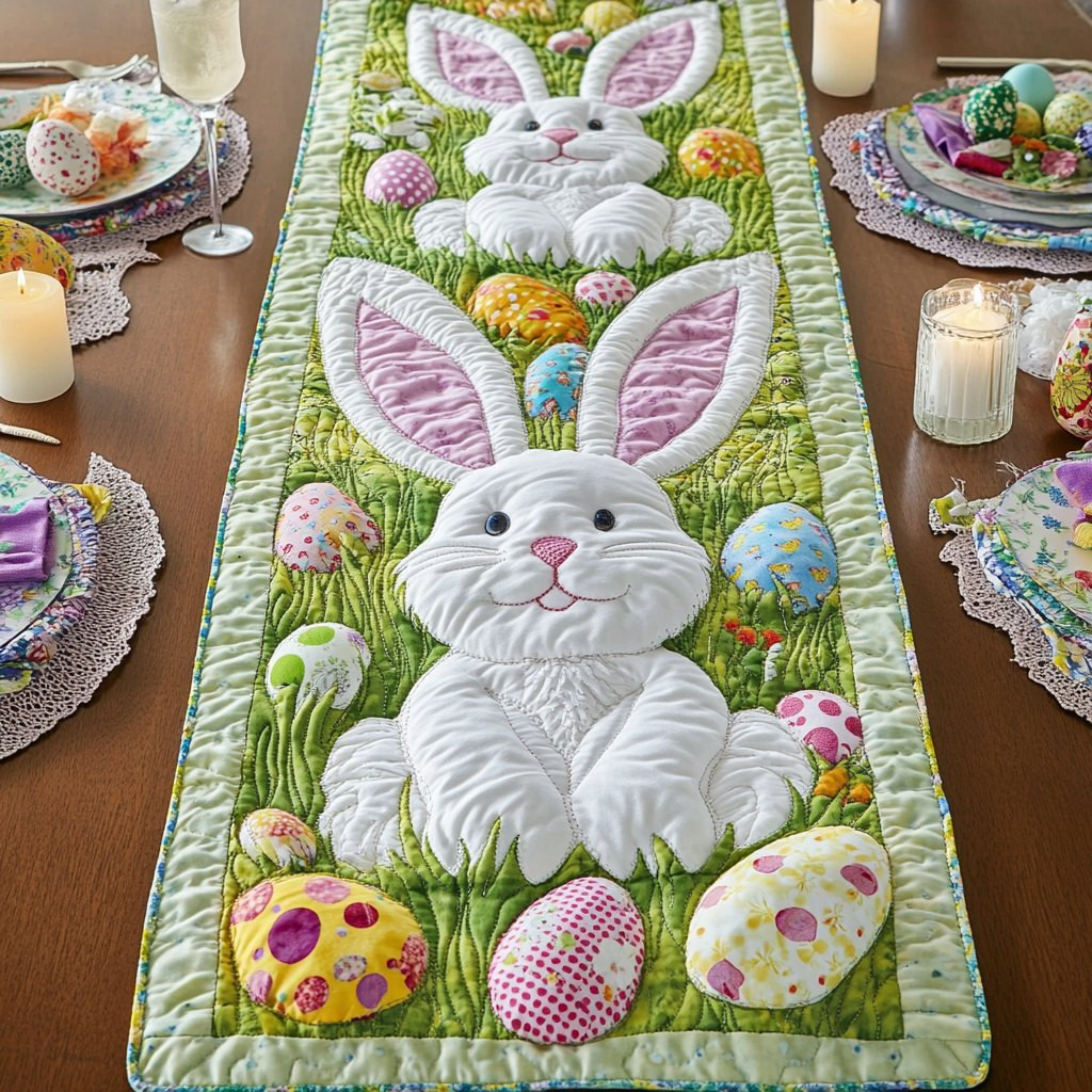 Big White Bunny with Spotted Eggs Table Runner - Made to Order TABLE928