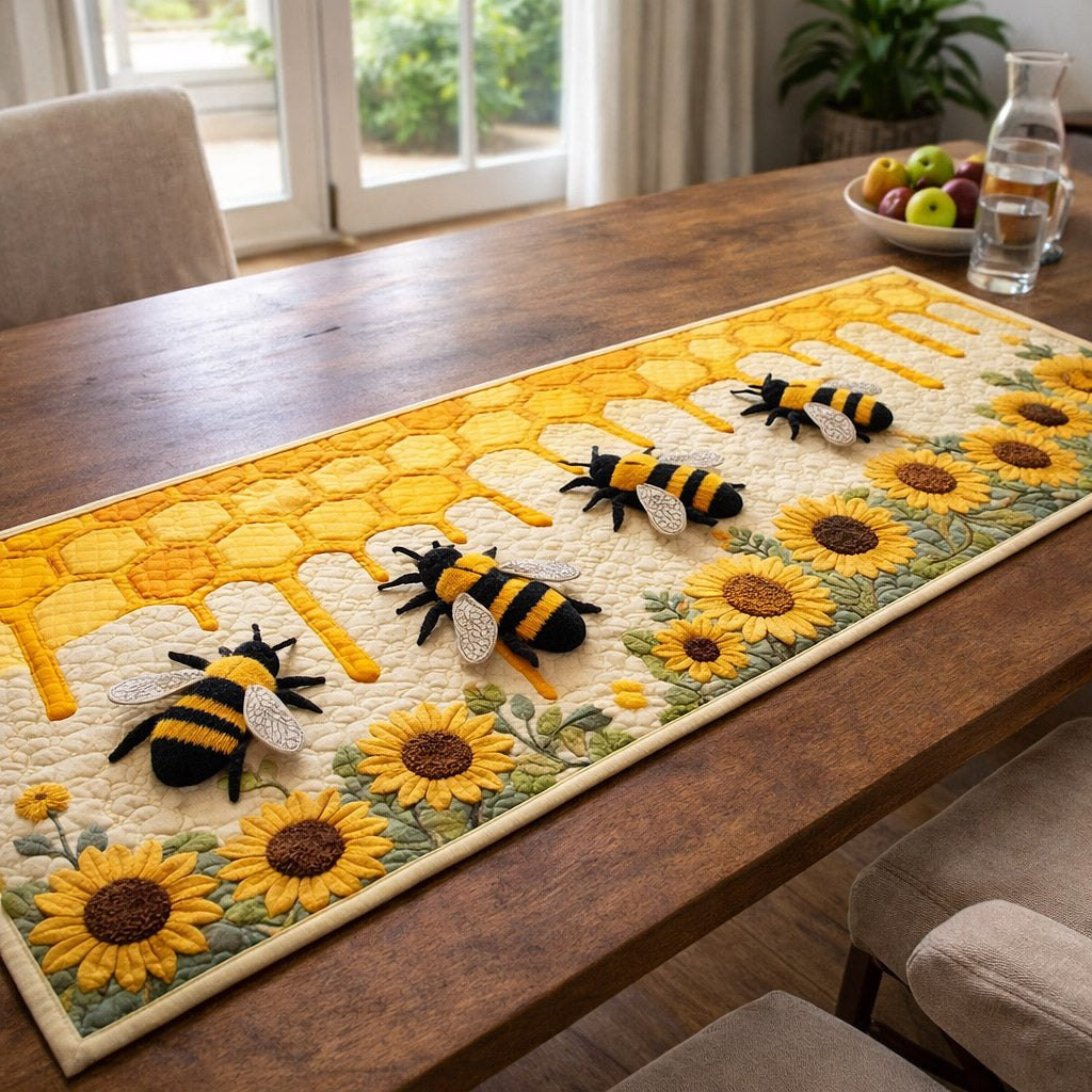 Bees on Honeycomb with Sunflowers Table Runner - Made to Order TABLE928
