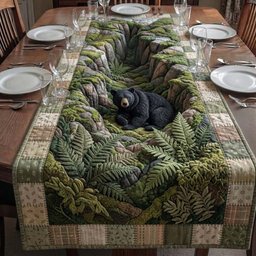 Black Bear Among Green Ferns Table Runner - Made to Order TABLE928