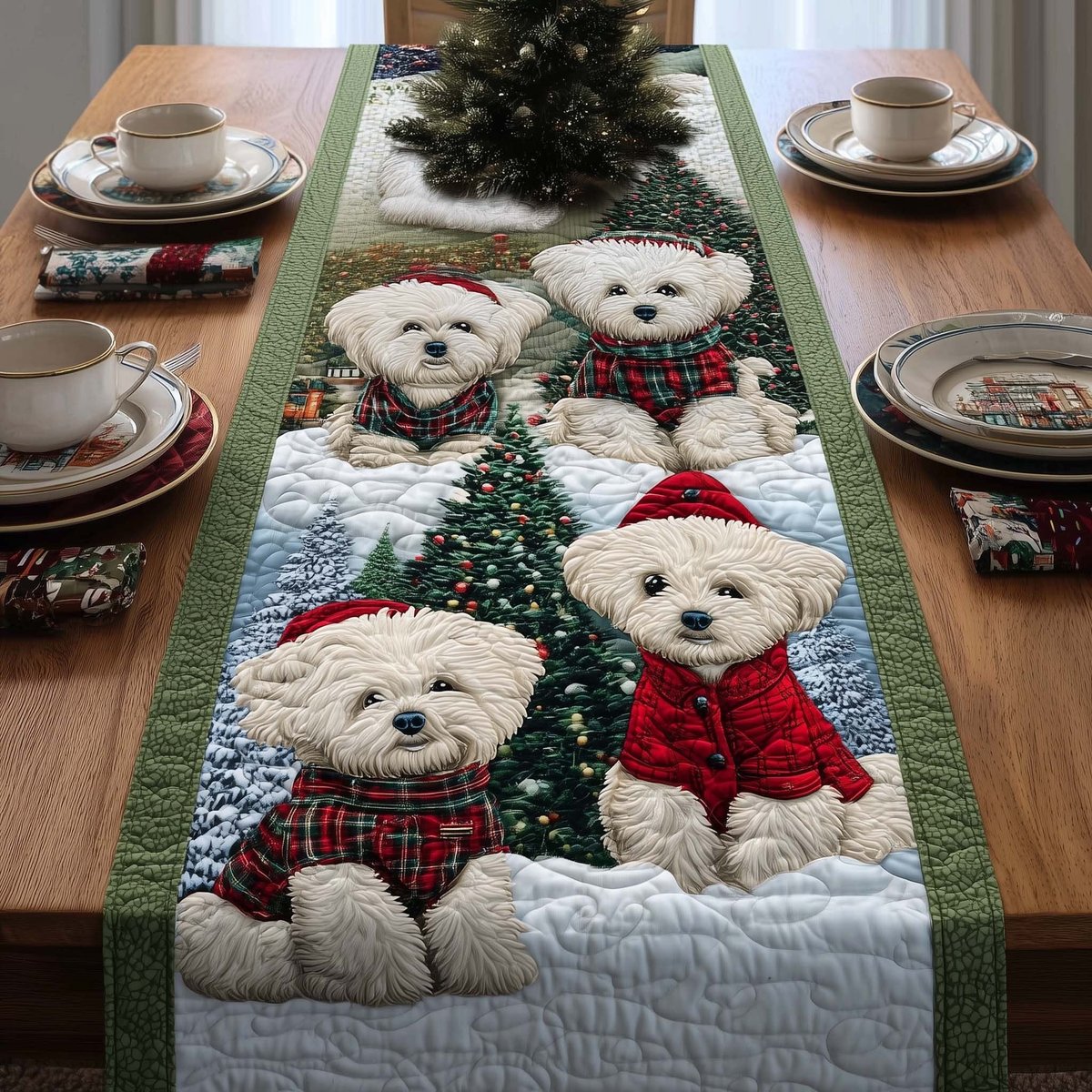 Bichons Beside Christmas Trees Table Runner - Made to Order TABLE928