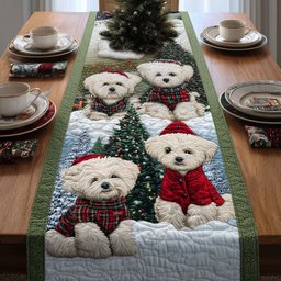 Bichons Beside Christmas Trees Table Runner - Made to Order TABLE928