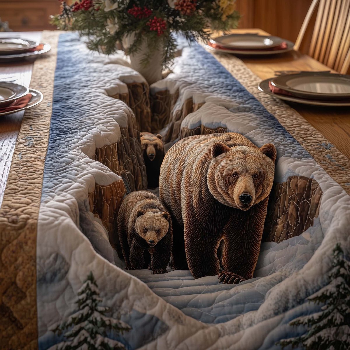 Bear Family in Winter Forest Table Runner - Made to Order TABLE928