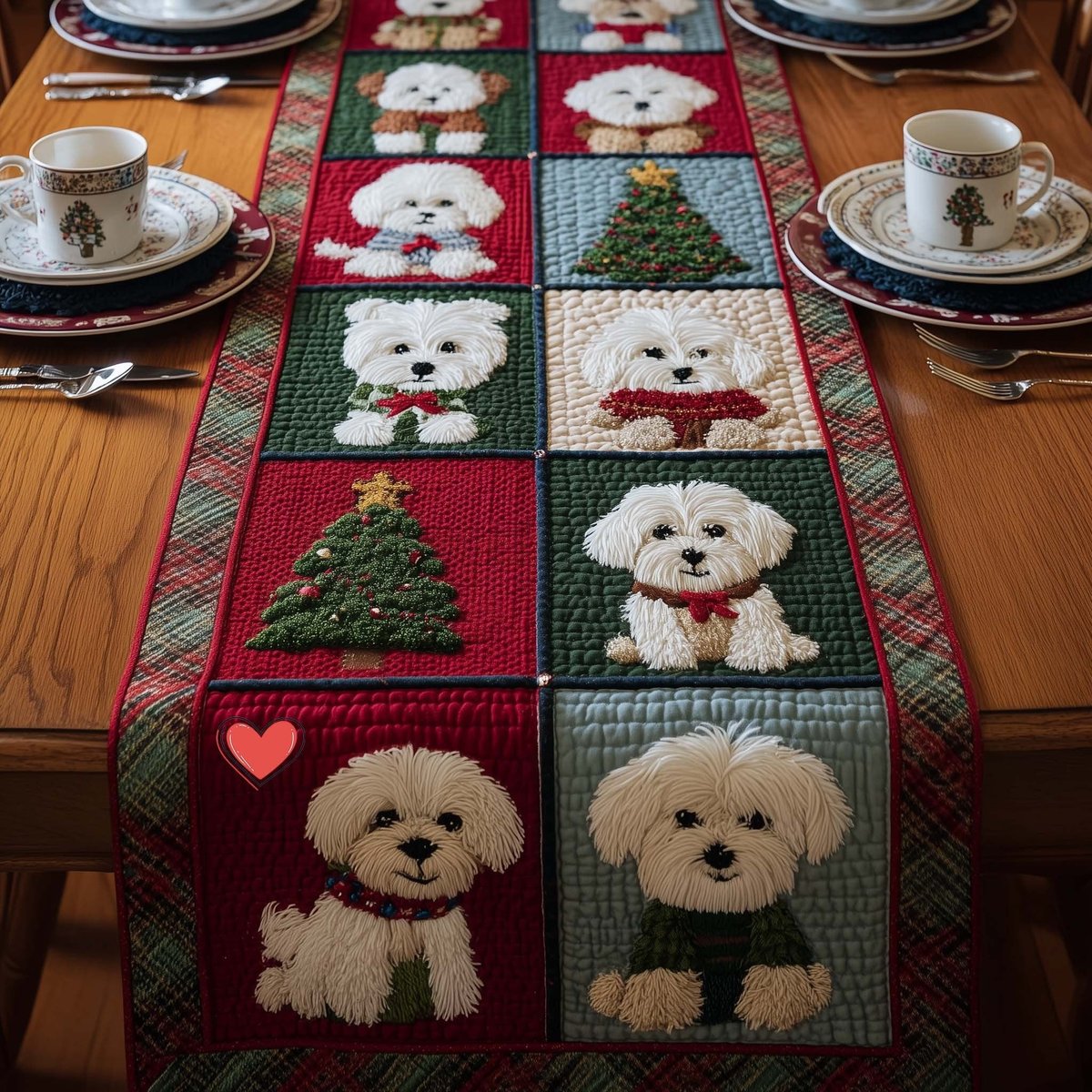 Bichon Puppies in Christmas Blocks Table Runner - Made to Order TABLE928