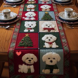 Bichon Puppies in Christmas Blocks Table Runner - Made to Order TABLE928