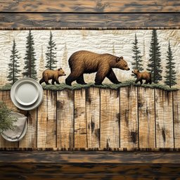 Bear Family Along a Rustic Fence Table Runner - Made to Order TABLE928