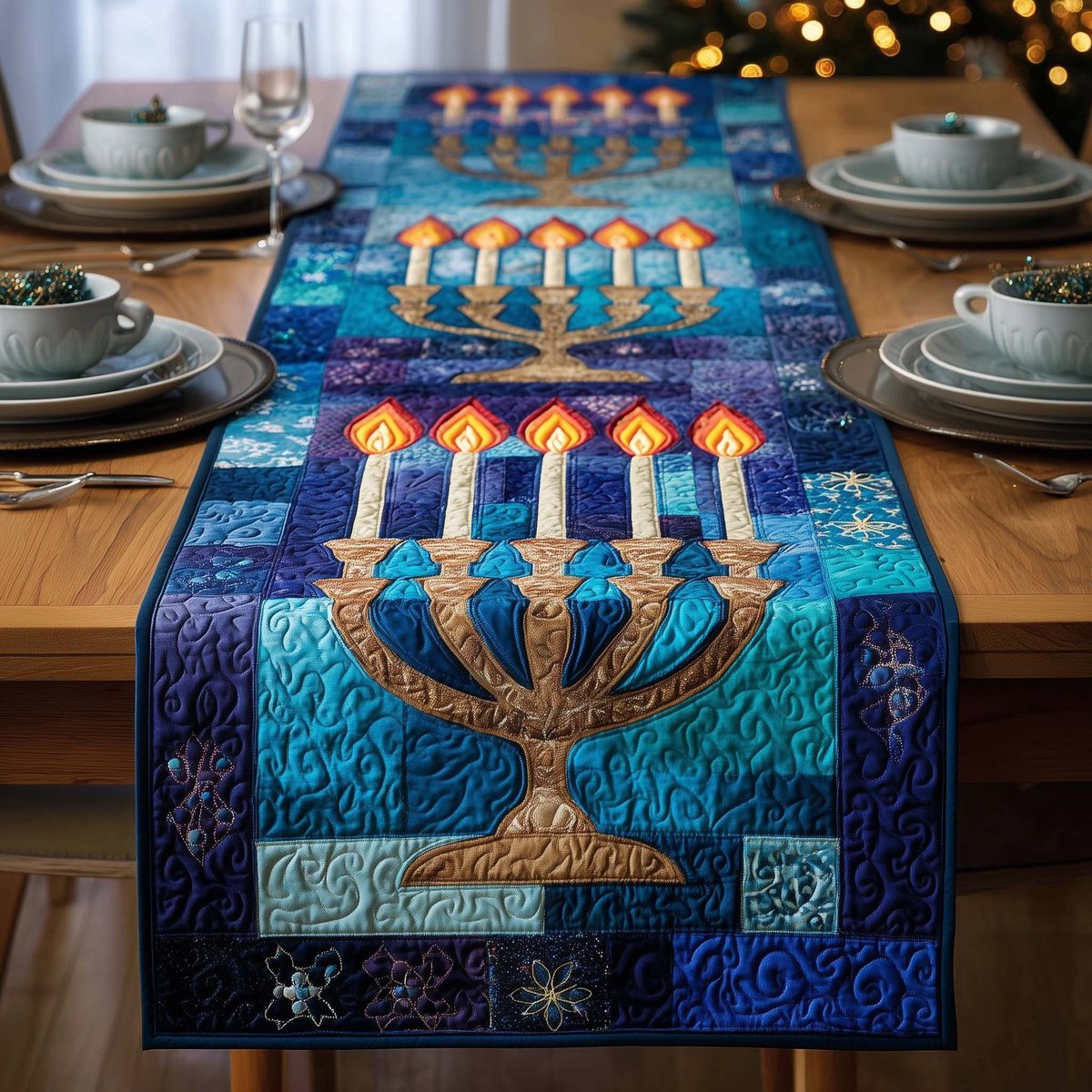 Azure Menorah Table Runner - Made to Order TABLE928