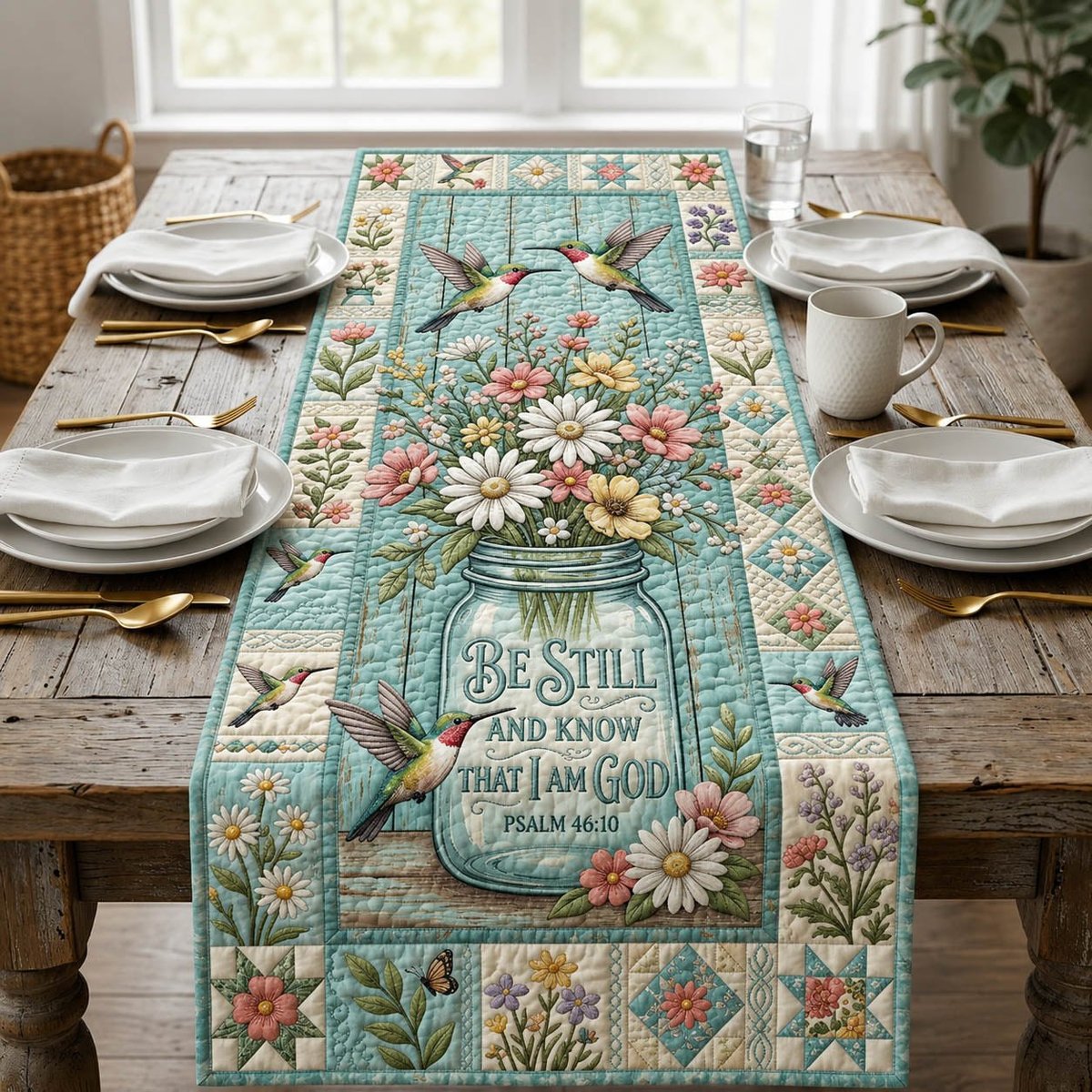 Be Still and Know on Teal Table Runner - Made to Order TABLE928