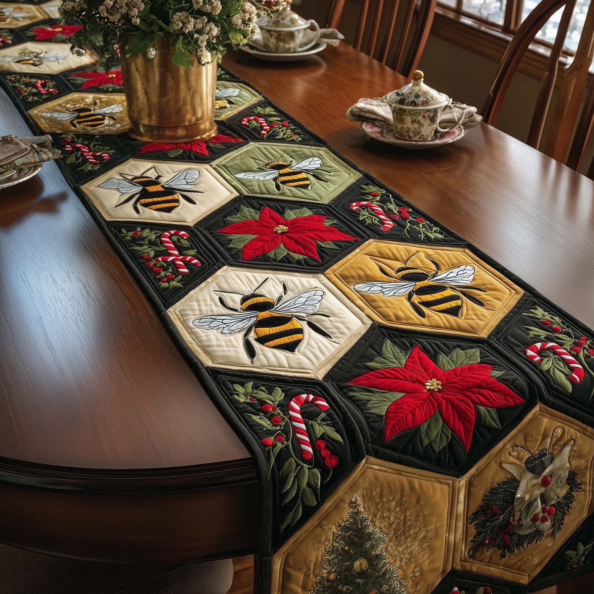 Bees and Poinsettias in Hexagons Table Runner - Made to Order TABLE928