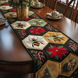 Bees and Poinsettias in Hexagons Table Runner - Made to Order TABLE928