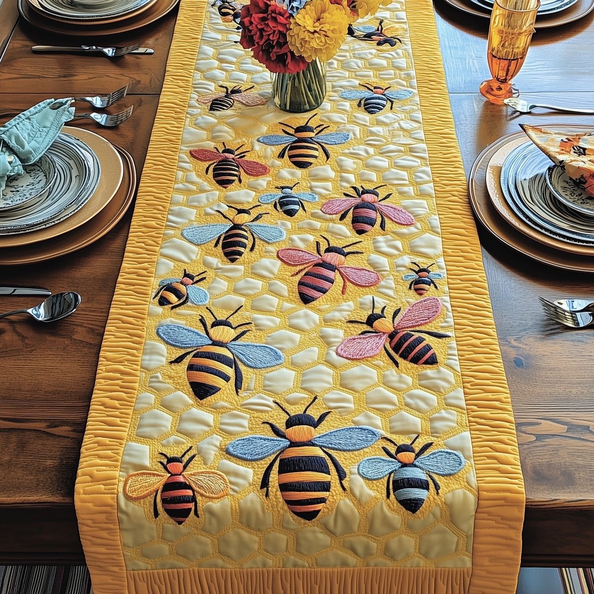 Bees on Pale Yellow Stripes Table Runner - Made to Order TABLE928