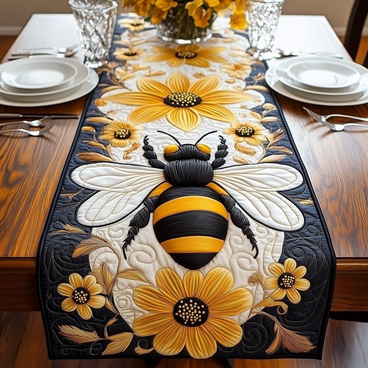 Big Bee with Sunflowers on Blue Table Runner - Made to Order TABLE928