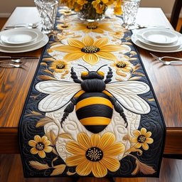 Big Bee with Sunflowers on Blue Table Runner - Made to Order TABLE928