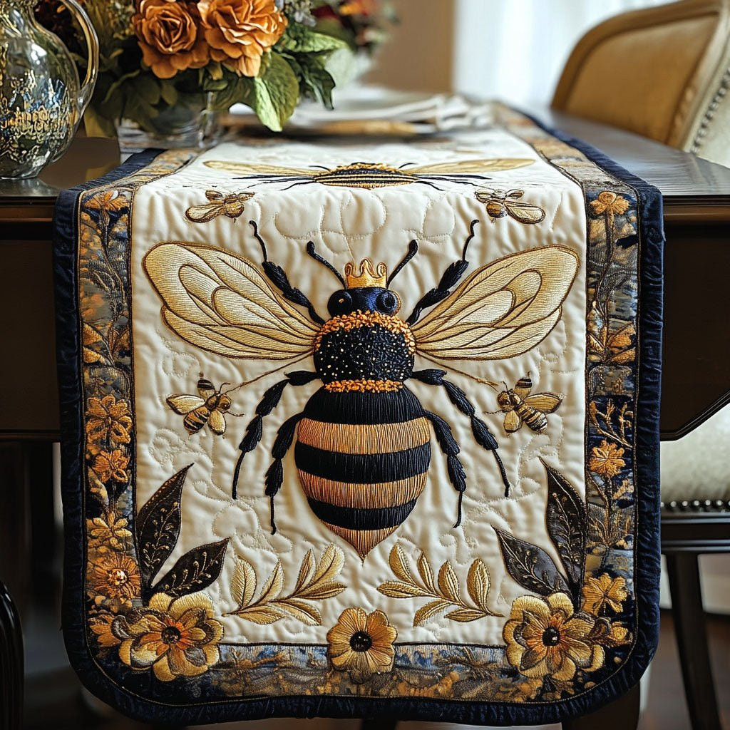 Bee on Cream with Golden Flowers Table Runner - Made to Order TABLE928