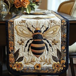 Bee on Cream with Golden Flowers Table Runner - Made to Order TABLE928