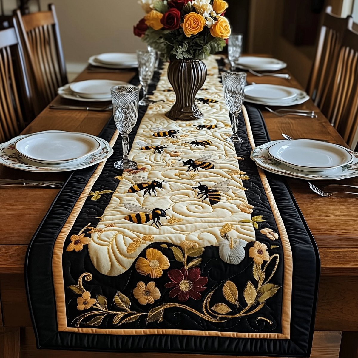 Bees with Flowers on Black Table Runner - Made to Order TABLE928