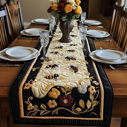 Bees with Flowers on Black Table Runner - Made to Order TABLE928