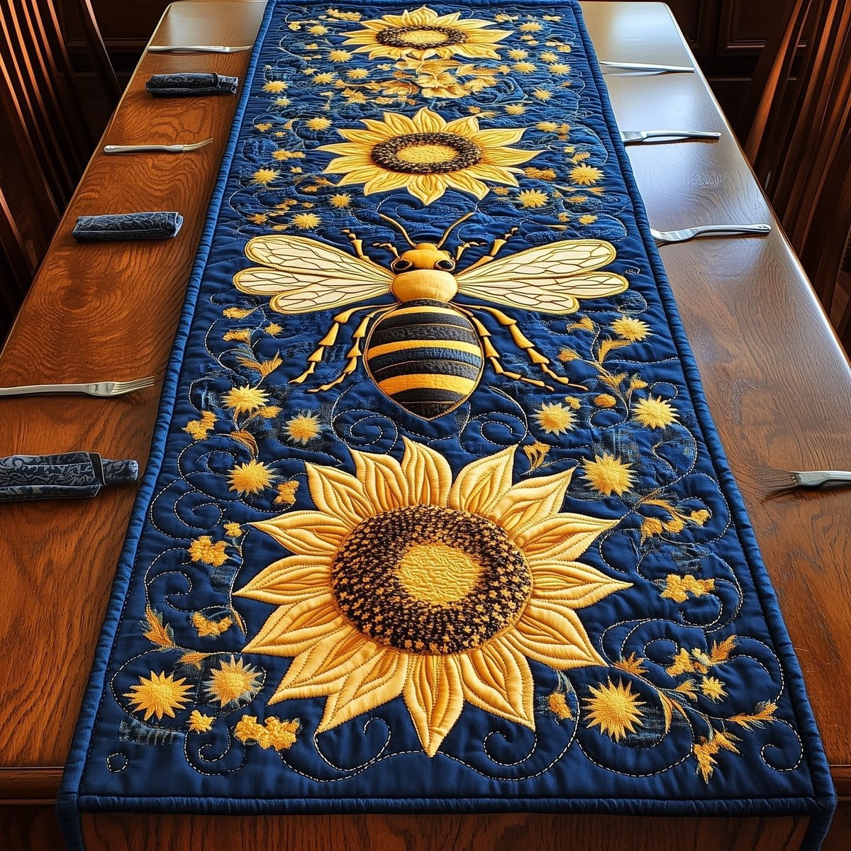 Bee Over Large Sunflower on Navy Table Runner - Made to Order TABLE928