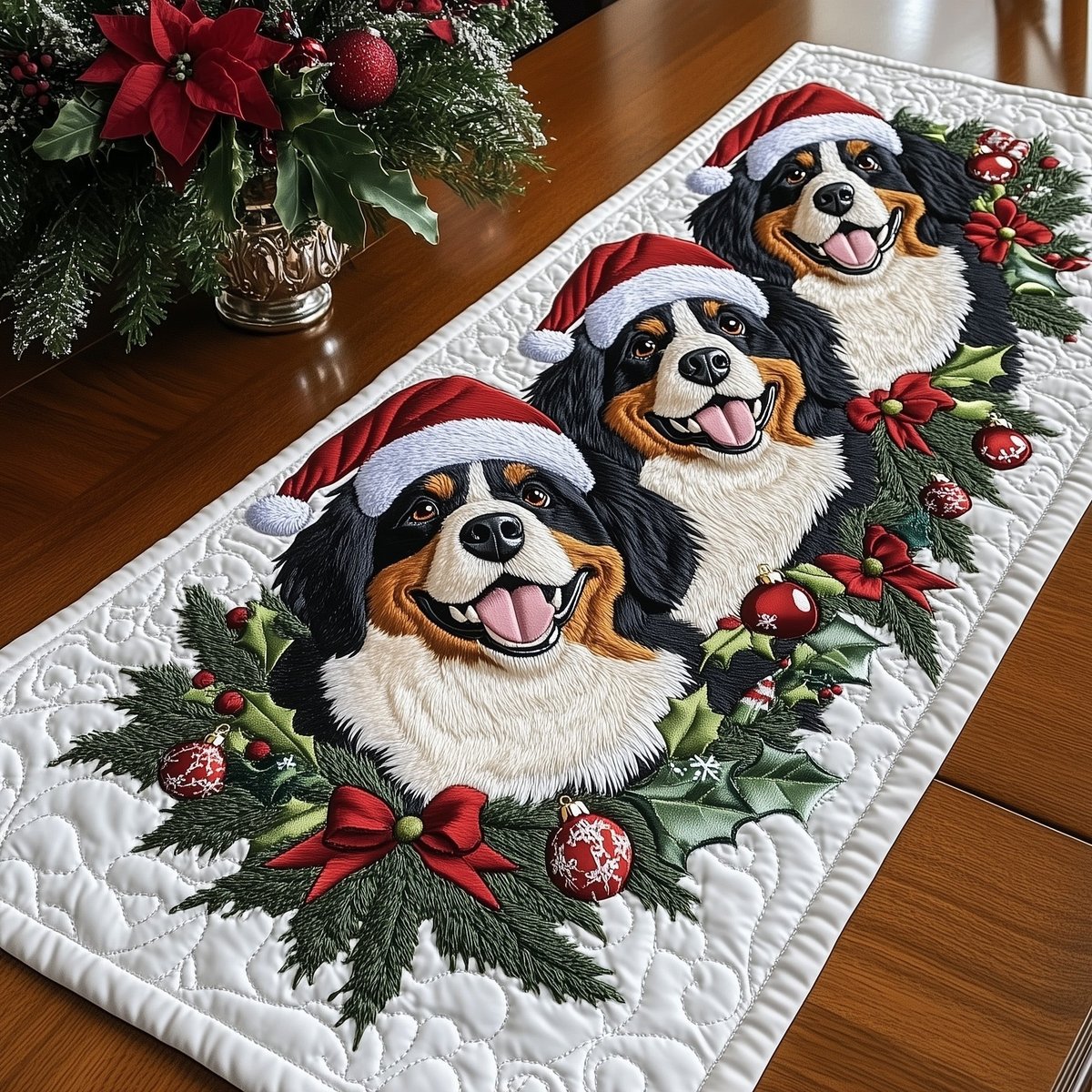 Bernese Dog in a Santa Hat Table Runner - Made to Order TABLE928