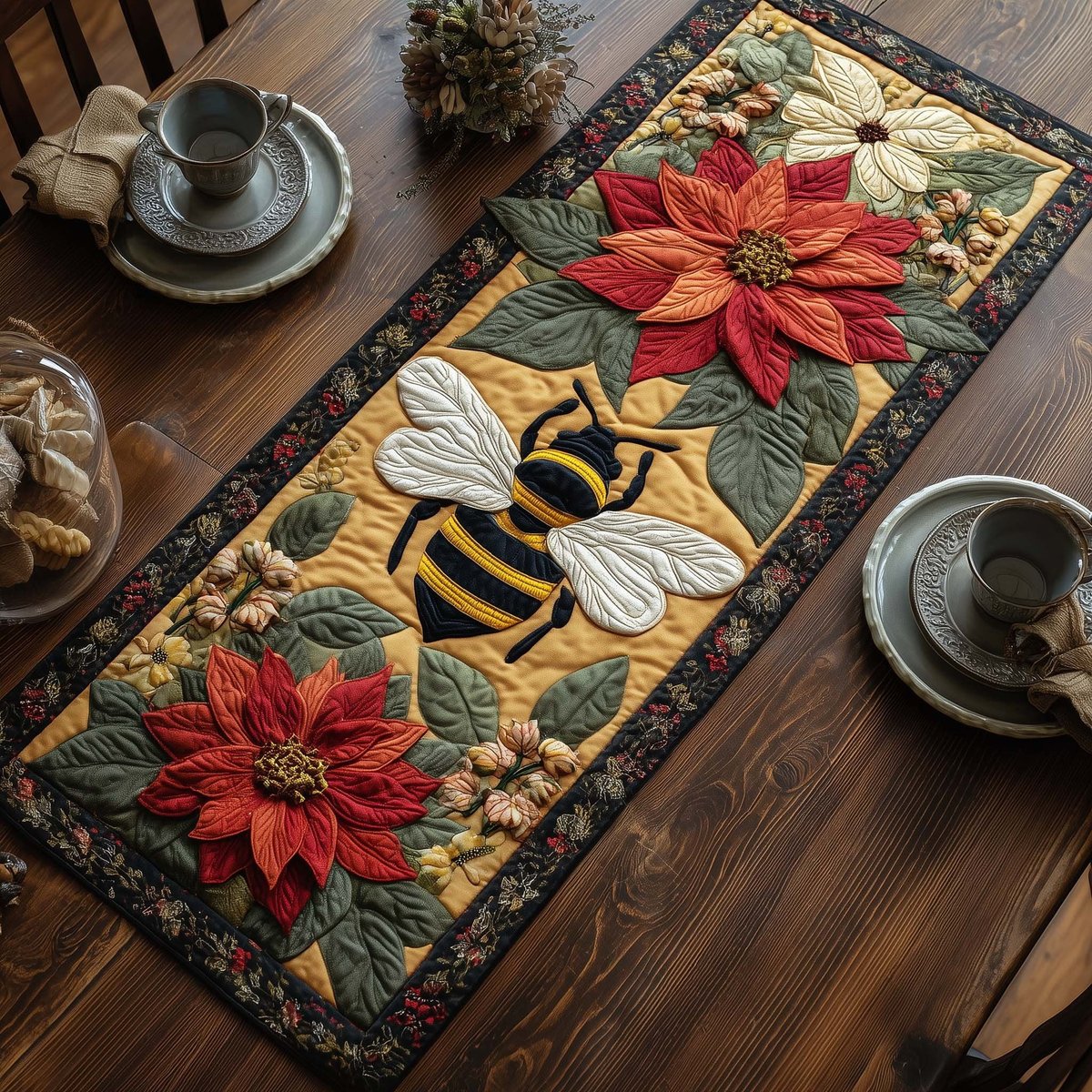Bee with Red Poinsettia Table Runner - Made to Order TABLE928