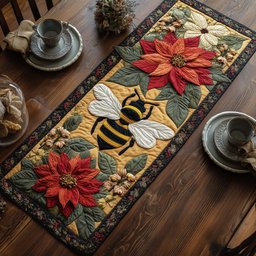 Bee with Red Poinsettia Table Runner - Made to Order TABLE928