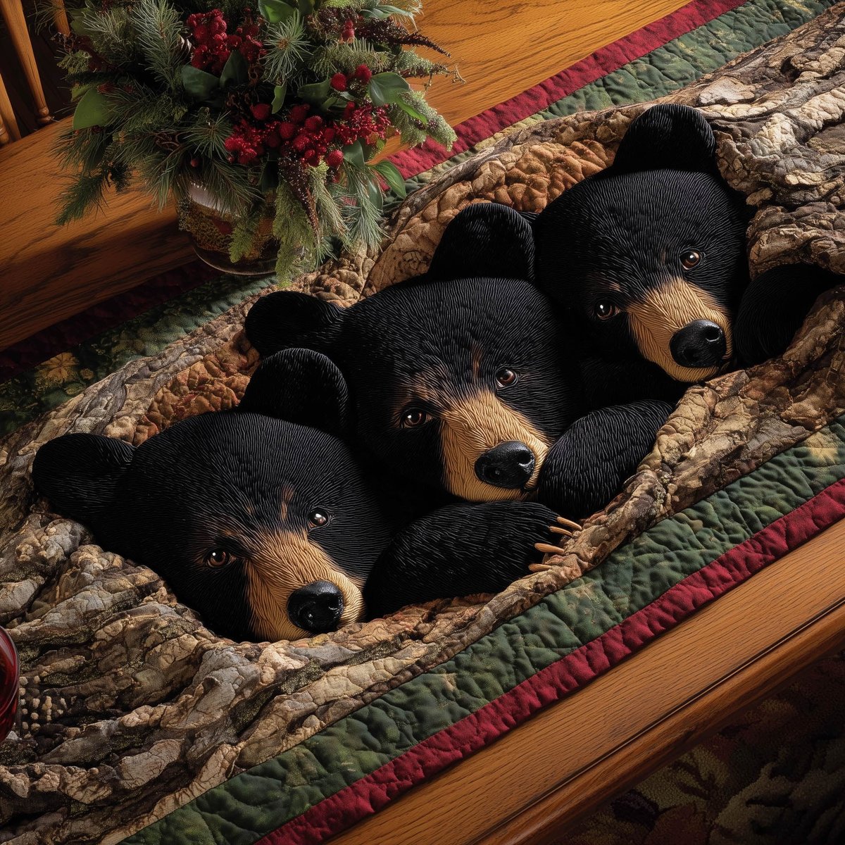 Black Bears Resting in Hollow Log Table Runner - Made to Order TABLE928