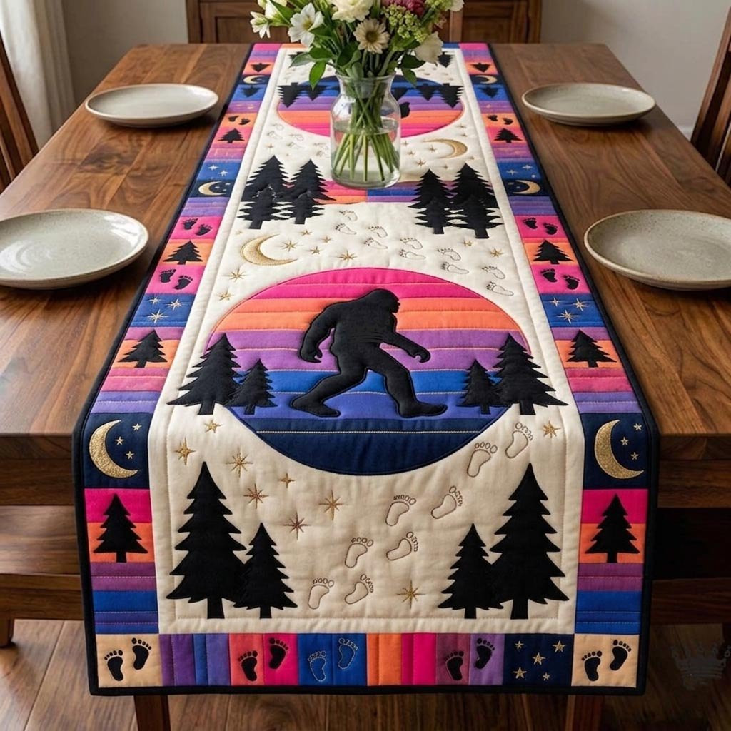 Bigfoot Silhouette Against Sunset Circle Table Runner - Made to Order TABLE928