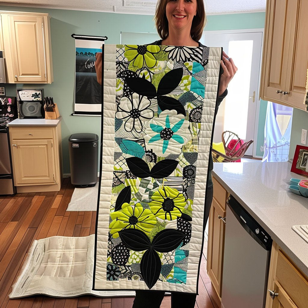 Black and Green Modern Flowers Table Runner - Made to Order TABLE928