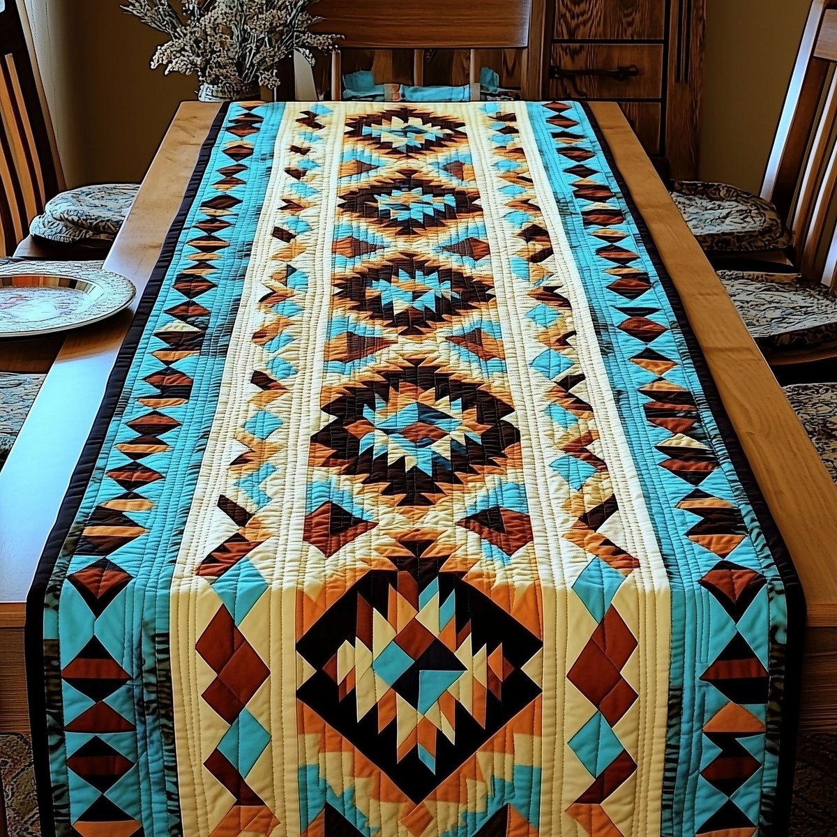Aztec Pattern in Teal and Orange Table Runner - Made to Order TABLE928