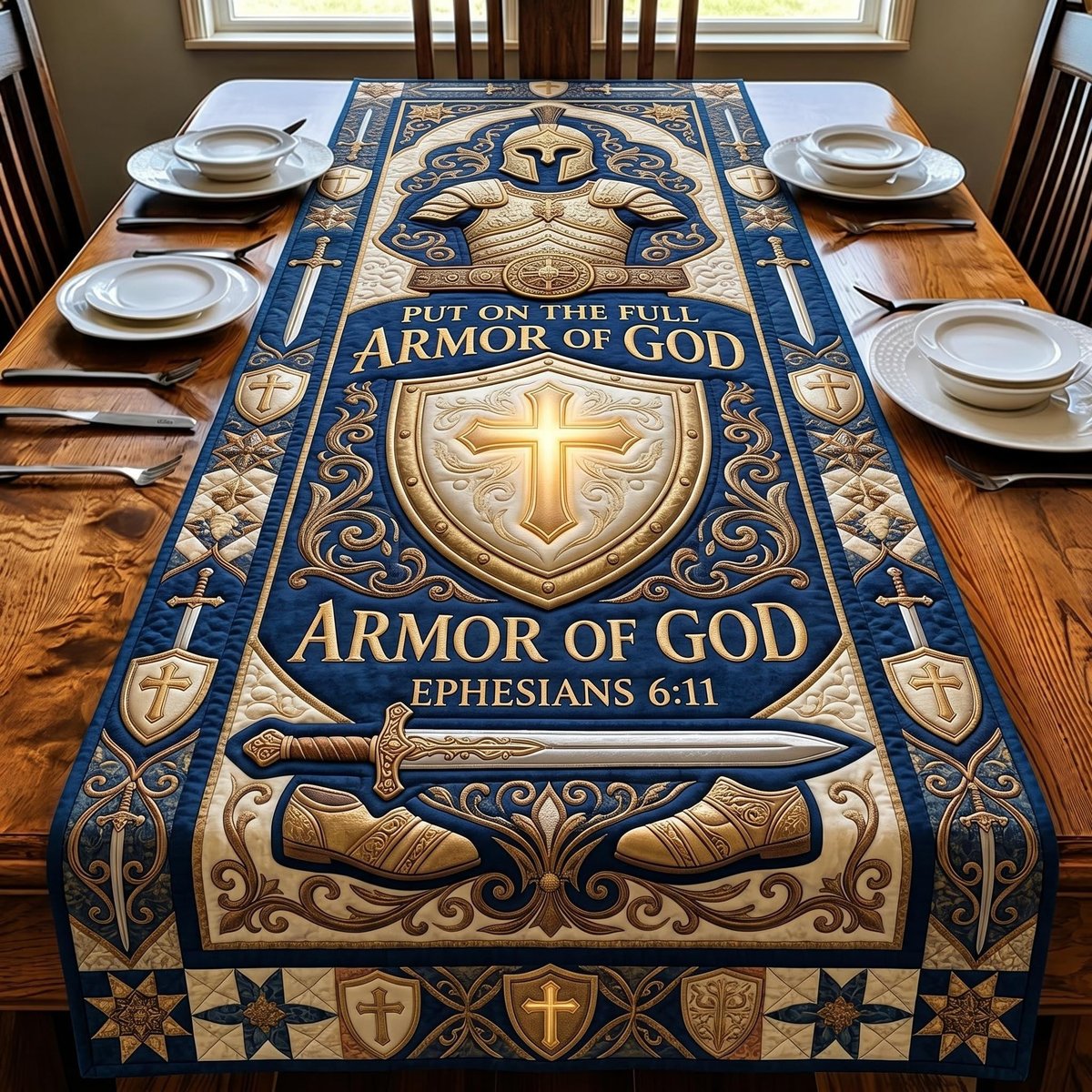 Armor of God with Glowing Cross Table Runner - Made to Order TABLE928