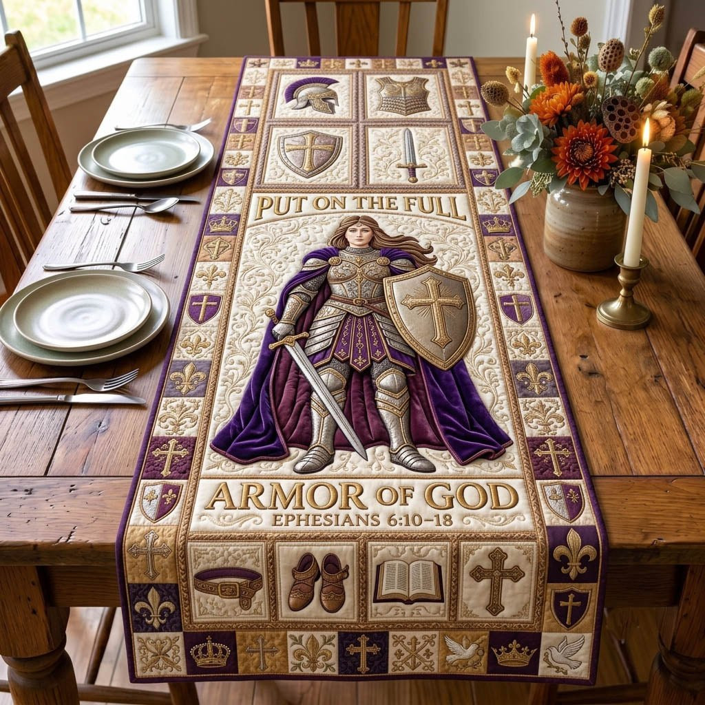 Armor of God Standing Knight Purple Table Runner - Made to Order TABLE928