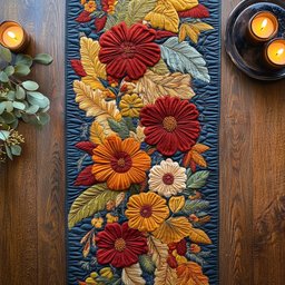 Autumn Flowers on Navy Border Table Runner - Made to Order TABLE928