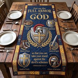 Armor of God Navy Gold Shield Table Runner - Made to Order TABLE928