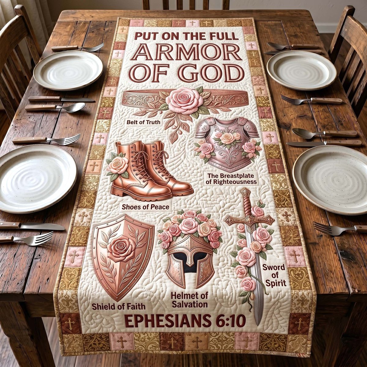 Armor of God Boots and Shield Table Runner - Made to Order TABLE928