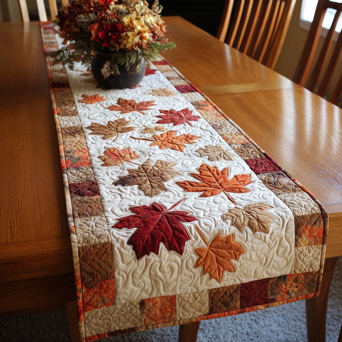 Autumn Leaves on Cream with Rust Border Table Runner - Made to Order TABLE928