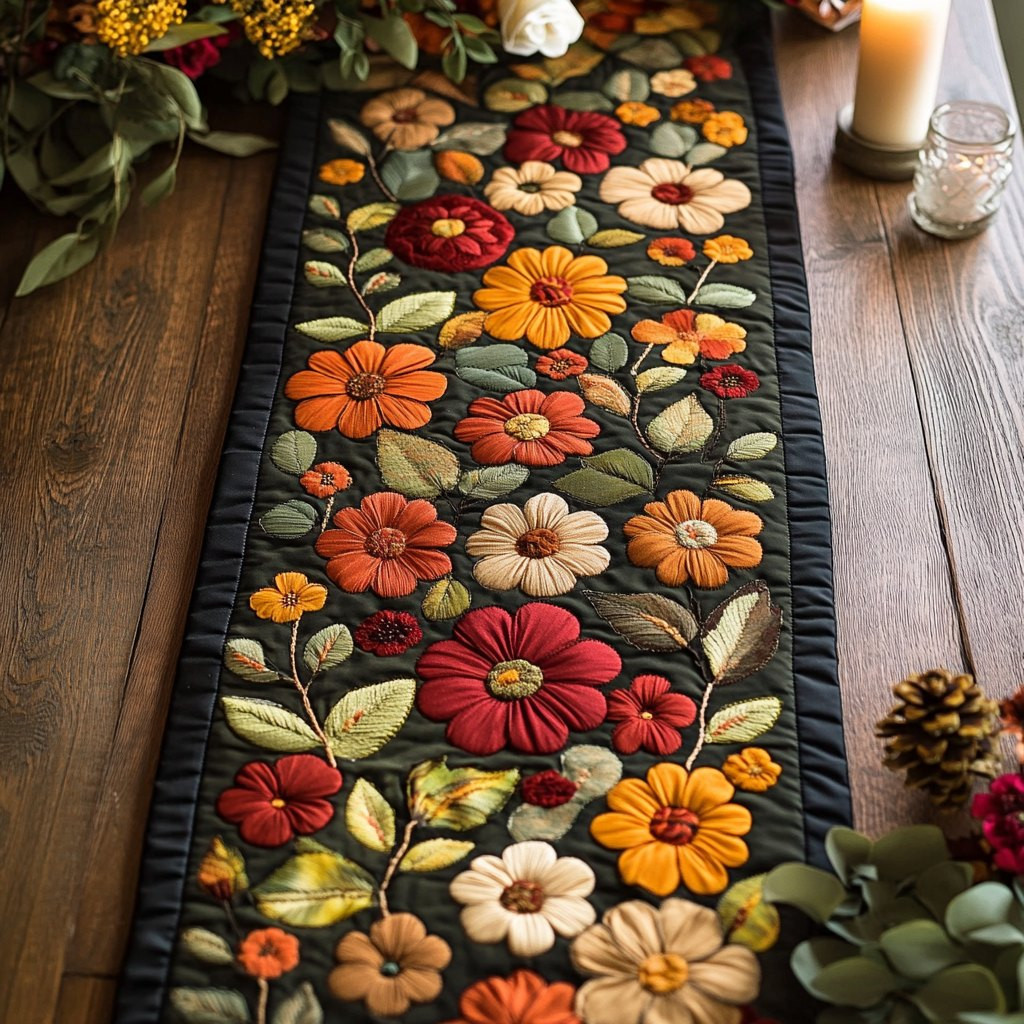 Autumn Flowers on Dark Ground Table Runner - Made to Order TABLE928